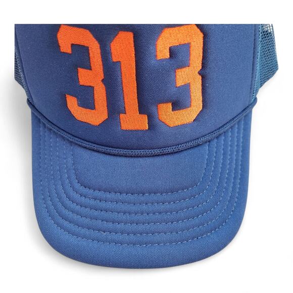 New 313 Detroit Area Code Trucker Hat Blue Orange Snapback - Picture 3 of 6